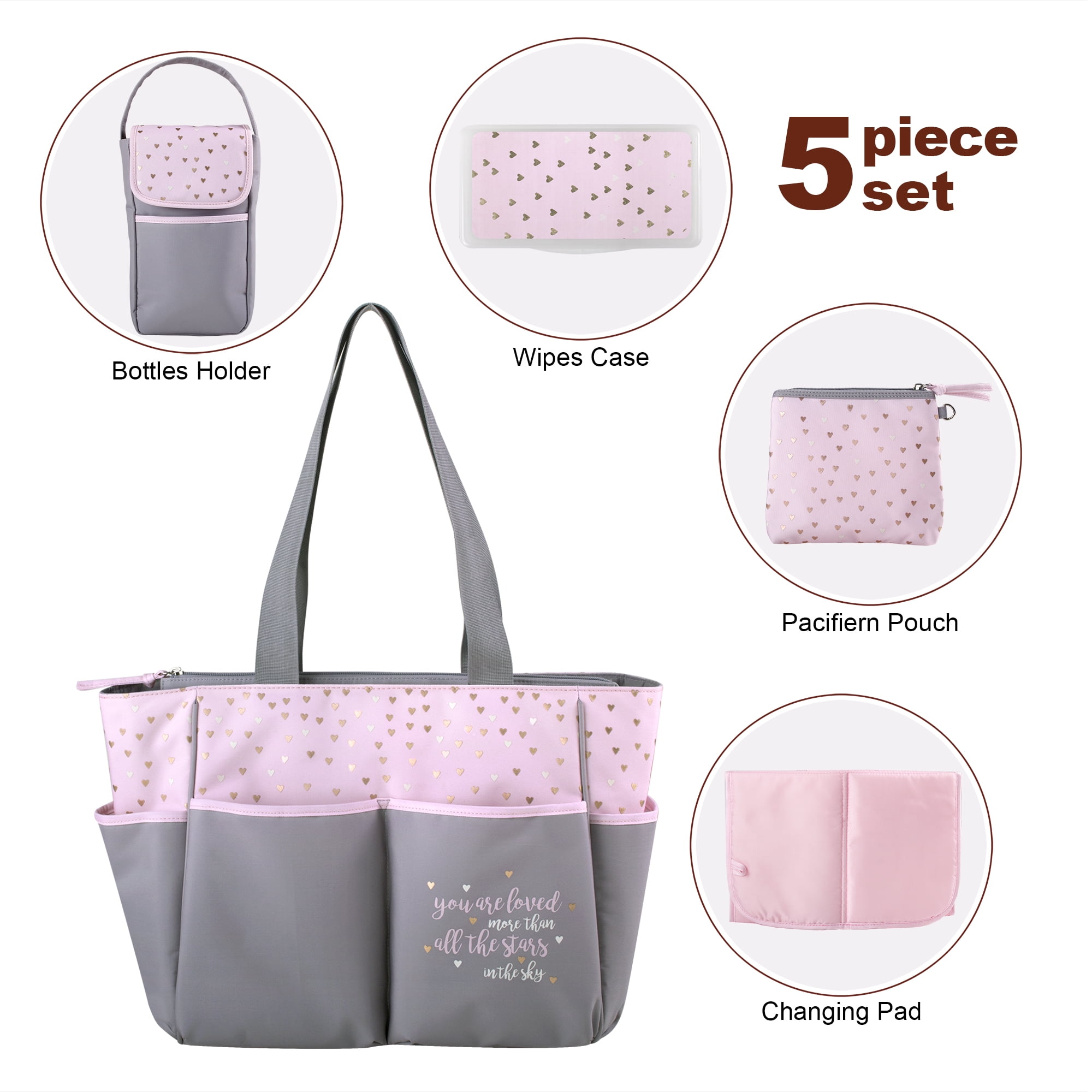 Baby Essentials Stars 5-Piece Diaper Bag Set - pink/gray, one size