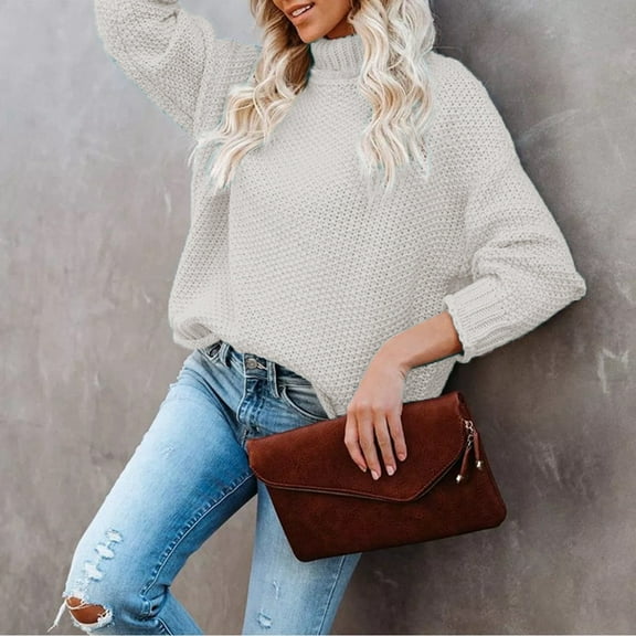 Qetyuw Turtleneck Sweater for Women Crochet Knitted Long Sleeve Pullover Jumpers Oversized Chunky Casual Sweaters