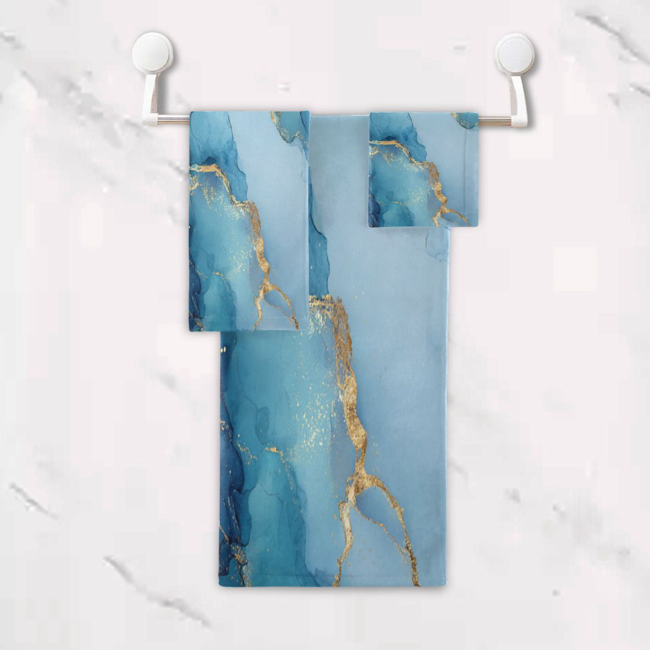 3 Sizes of Towel Sets Including Bath Towel Hand Towel and Washcloth for Daily Use Light Blue Gold Marble Pattern