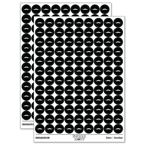 English Mustache Moustache Silhouette 200 Round Stickers - Black - Gloss Finish - 0.50" Size