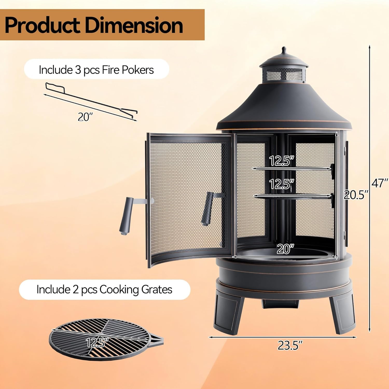 ASJMR Fire Pits for Outside Wood Burning, 2 Grills, Smokeless Structure,3-Sided Openable Metal Mesh for Patio, Picnic, Party