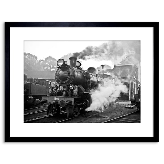 Vintage Photo Steam Train Black White Engine Artwork Framed Wall Art Print 9X7 Inch