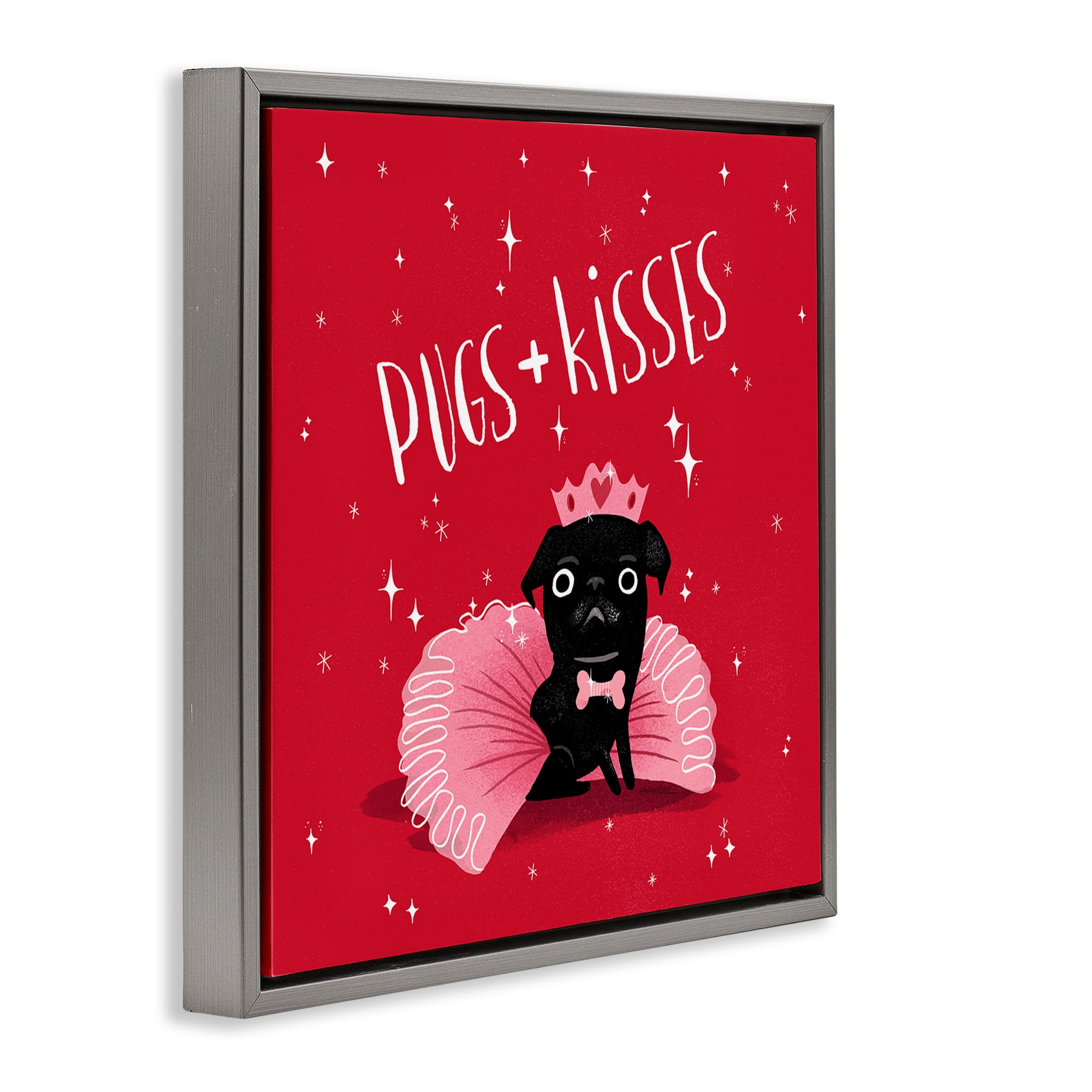 Stupell Industries Pugs & Kisses on Red Animals Painting Gray Floater Framed Canvas Art Print Wall Art, 18 x 18