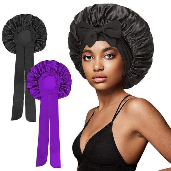 Silk Bonnet for Sleeping Women,2Pcs Ajustable Hair Bonnet for Curly Hair with Tie Band Shower Caps Night Sleep Hat with Tie Band