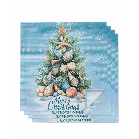 nqOlkjepod Blue Coastal Christmas Cloth Napkins Set of 4 Reusable Dinner Napkins, Nautical Summer Beach Shell Conch Cocktail Napkin Washable Table Napkins for Wedding/Party/Baby Shower 20"x20"
