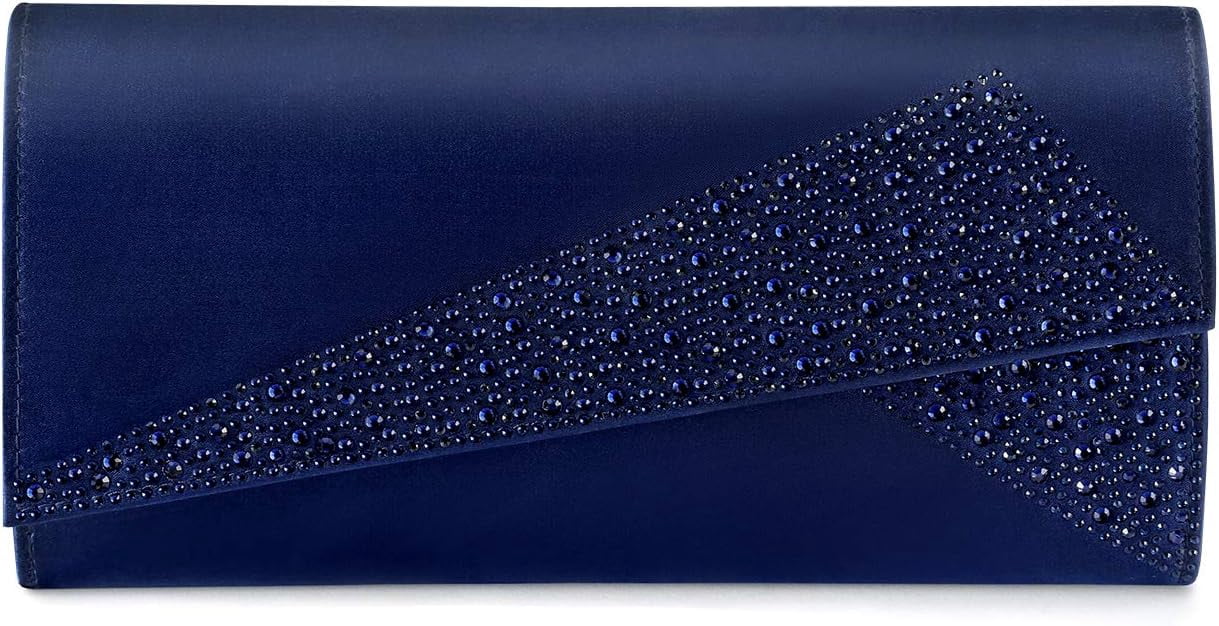 Women Satin Rhinestones Evening Bags Prom Bridal Clutch Purse Cross Body With Detachable Chain Strap