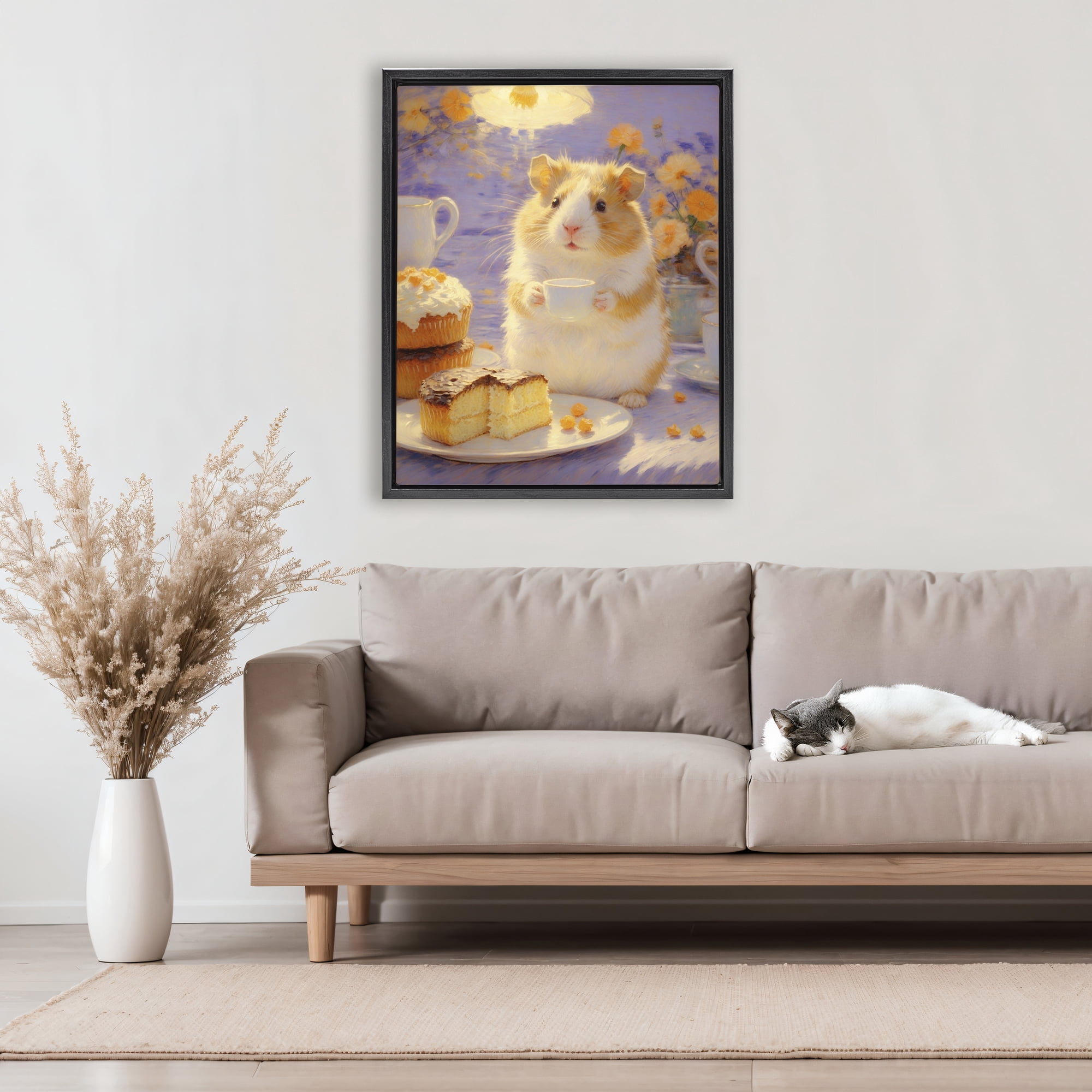 Stupell Industries Hamster Tea Party with Cake Black Framed Floater Canvas Wall Art, design by Angie Hawke