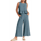 thumbnail image 1 of Conjunto de Chaleco Informal Sin Mangas con Cuello Redondo Plisado para Mujer, Pantalones Cortos de Pierna , Gris y Azul Talla M, 1 of 6