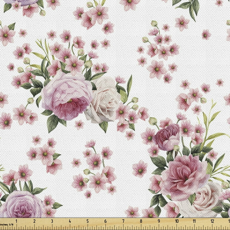 Ambesonne Floral Fabric by The Yard, Vintage Pastel Tones Flowers Branches Pattern on Muted Background Repetition, Decorative Upholstery Fabric for Chairs 