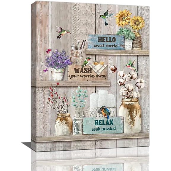 Farmhouse Bathroom Decor Wall Art Rustic Flower Hummingbird Canvas Prints Painting Country Lavender Cotton Bathroom Pictures Framed Relax Soak Unwind Artwork Gifts Home Decorations for Toilet 12"x16"