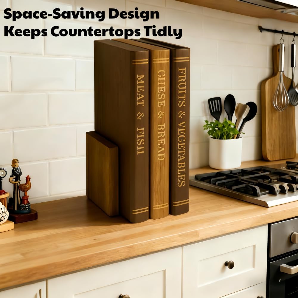 Book-Shaped Cutting Board Set of 3, Wooden Chopping & Serving Boards with Stand - Decorative for Vegetables, Cheese, Charcuterie & Entertaining - Unique Kitchen Gift for Home Chefs