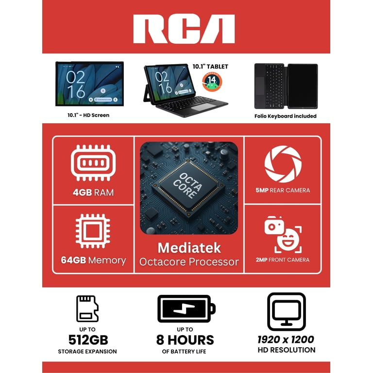 RCA 10” tablet MediaTek MT8781/G99, Octa Core, 4GB Memory 64GB