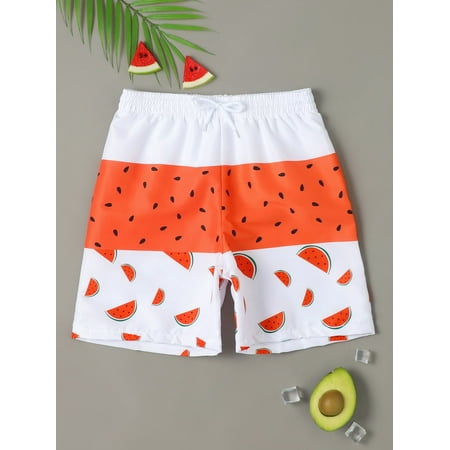 

Boys Watermelon Print Drawstring Waist Swim Shorts S221905X Red and White 9Y(53IN)
