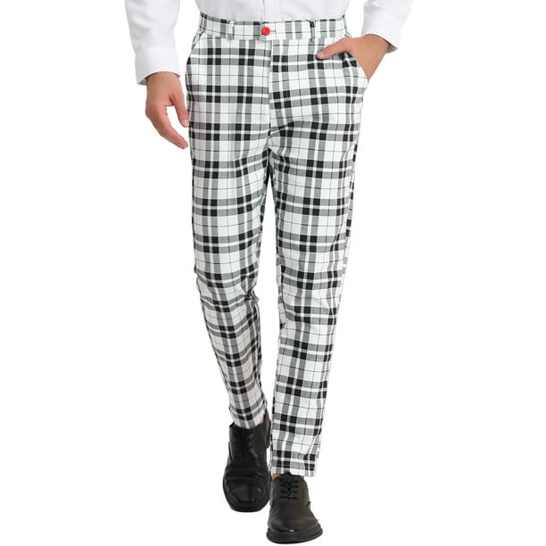 Men's Plaid Dress Pants Casual Slim Fit Checkered Business Trousers White 30