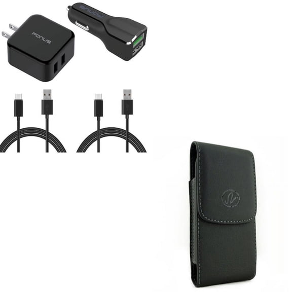 Black Leather Case w 4-in-1 Adaptive Fast Home Car Charger 6ft Long (Two) USB Cable Q6L Compatible With Google Pixel 3a XL