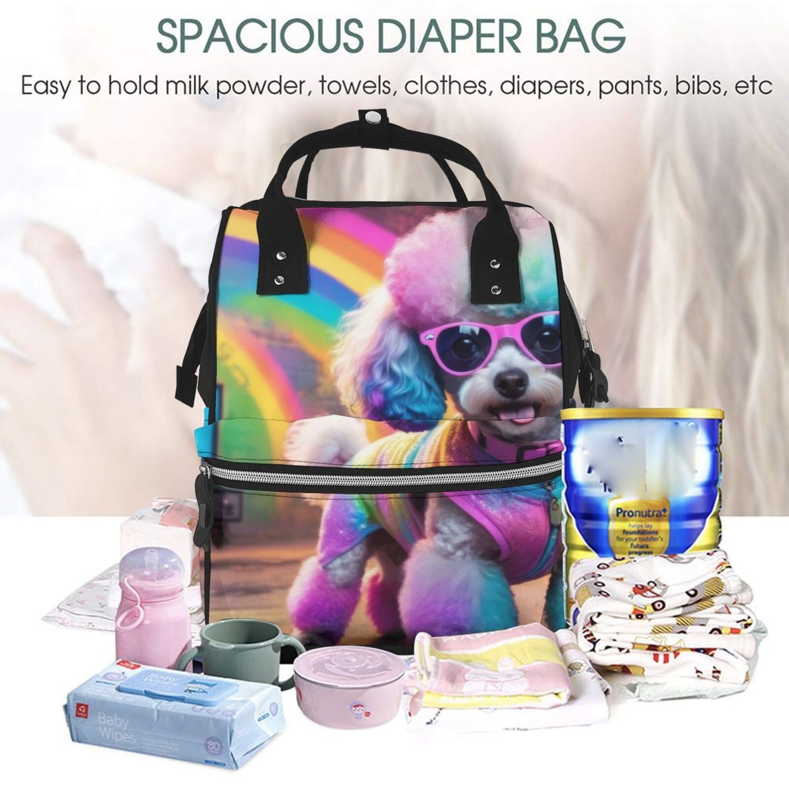 Fuzoiu Rainbow Poodle Urban Street Print Diaper Bag Backpack,Baby Essentials Travel Tote,Multi function Waterproof Diaper Bag, Travel Essentials Baby Bag - Unisex