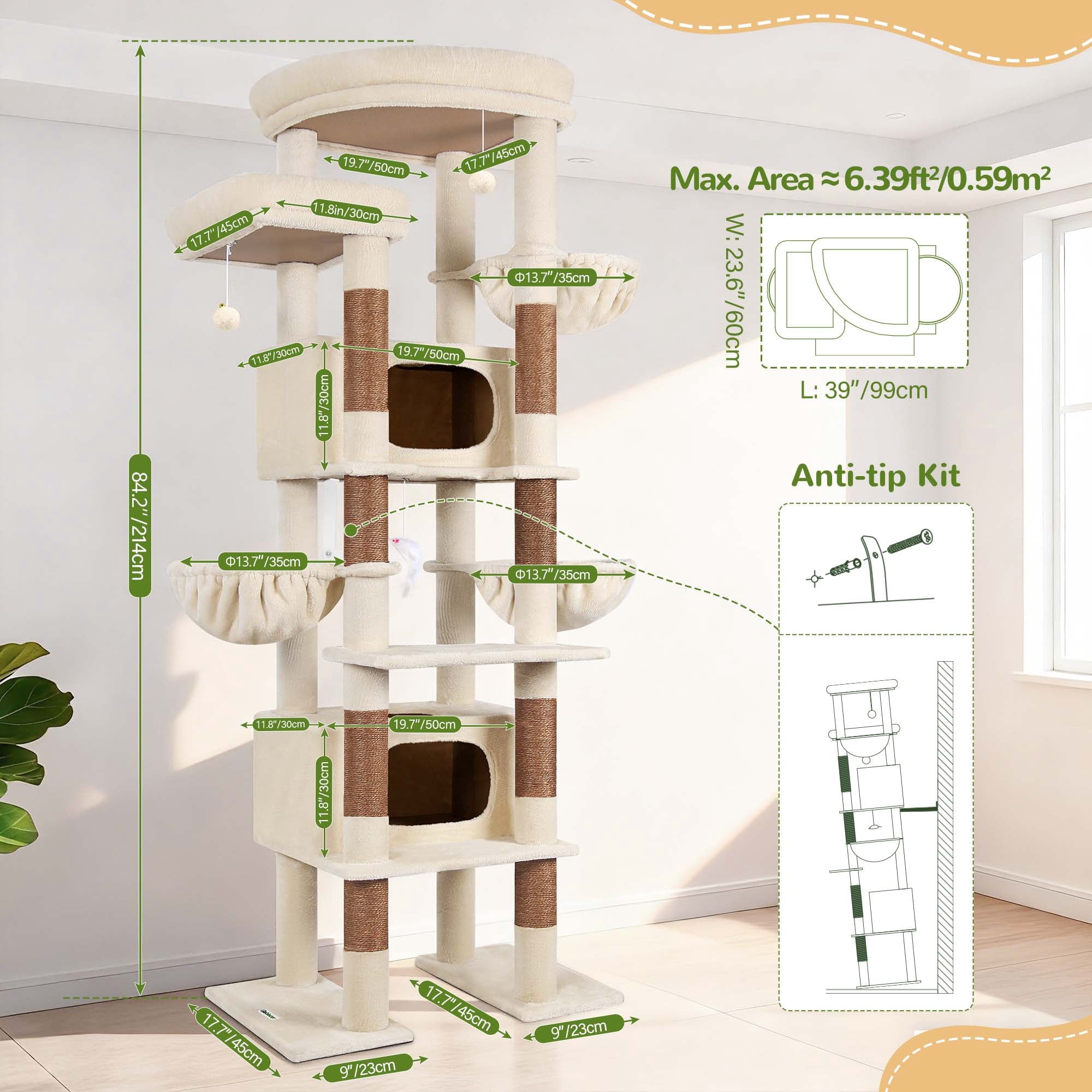 Globlazer 84" Large Corner Cat Tree , Multi-Level Cat Tree Fan-Shaped Tower with 2 Condos, Sisal Scratching Posts & Hammock, Beige
