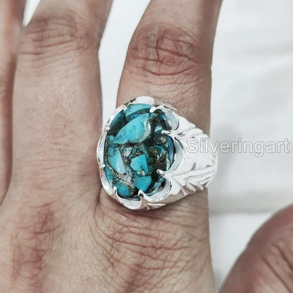 Blue Copper Turquoise Mans Ring, Natural Copper Turquoise Ring, Silver Jewelry, 925 Silver Ring, Birthday Gift, Heavy Mens Ring, Arabic Design, Ottoman Style Ring, Christmas, Turkey Mens Signet Ring