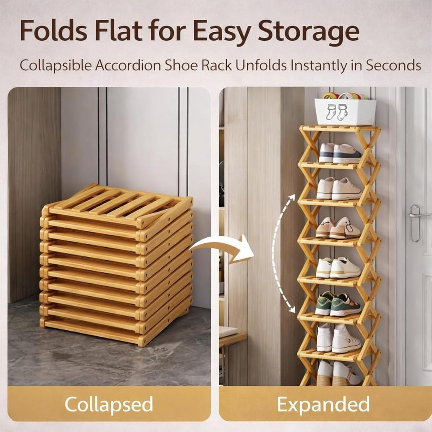 Bamboo Shoe Storage Rack – Foldable Shoe Rack for Small Spaces, Narrow Shoe Shelf for Entryway, Closet and Bedroom