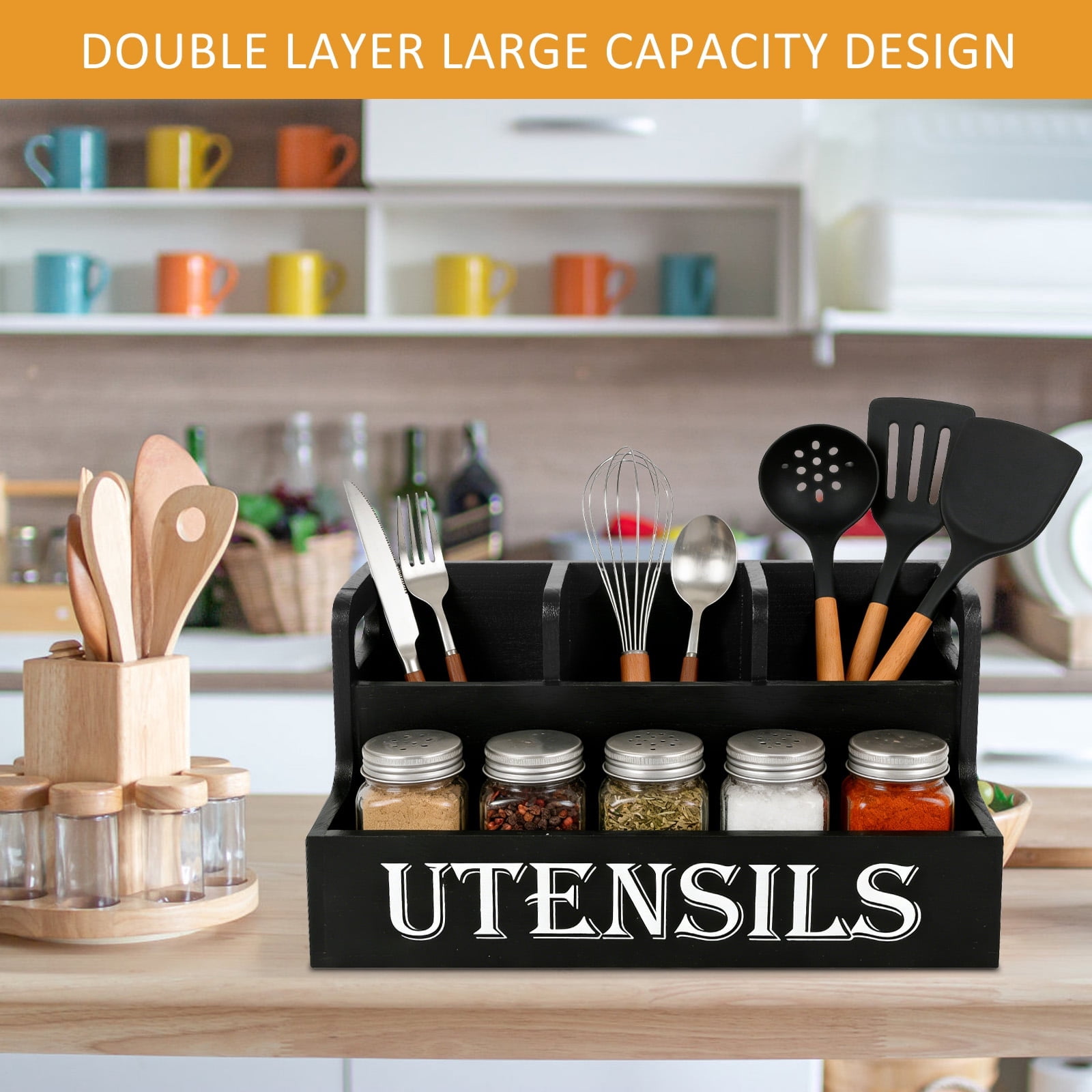 FUYGRCJ Extra Large Kitchen Utensils Holder with 4 Compartments, 2 Layers Wooden Utensil Organizer, Farmhouse Cooking Spatula Storage Caddy for Kitchen Countertop, Flatware Spoon Tool Organizer