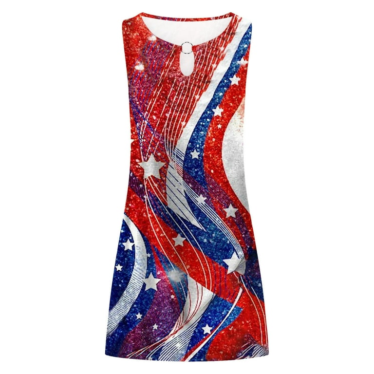 Hvyesh Womens Summer Dresses 2024 Casual Elegant Midi Dress Red White and Blue Print Crew Neck Sundresses Short Sleeve Vacation Dresses Wine