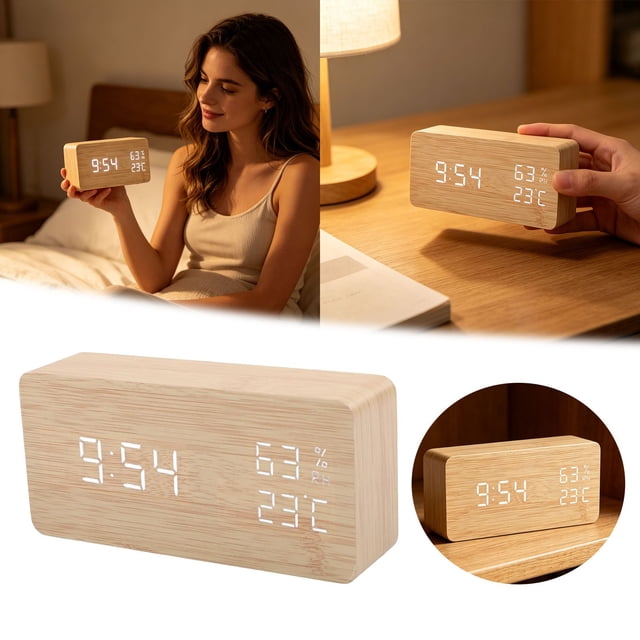 Tong Wooden Digital Clock Minimalist Design With Large LED Display For Home Bedroom Modern Silent Wall Clock Battery Operated Easy Read