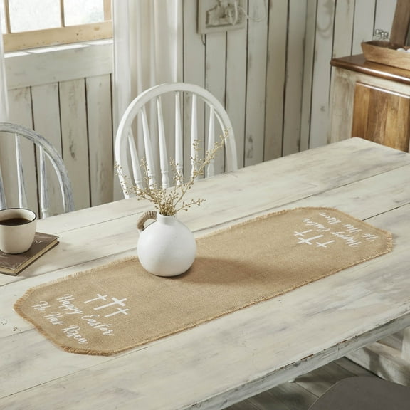 VHC Brands Celebrate Grace Jute Burlap Happy Easter Runner 12x36, Jute Dining Room Kitchen Table Runner, Jute Style, Spring Decor