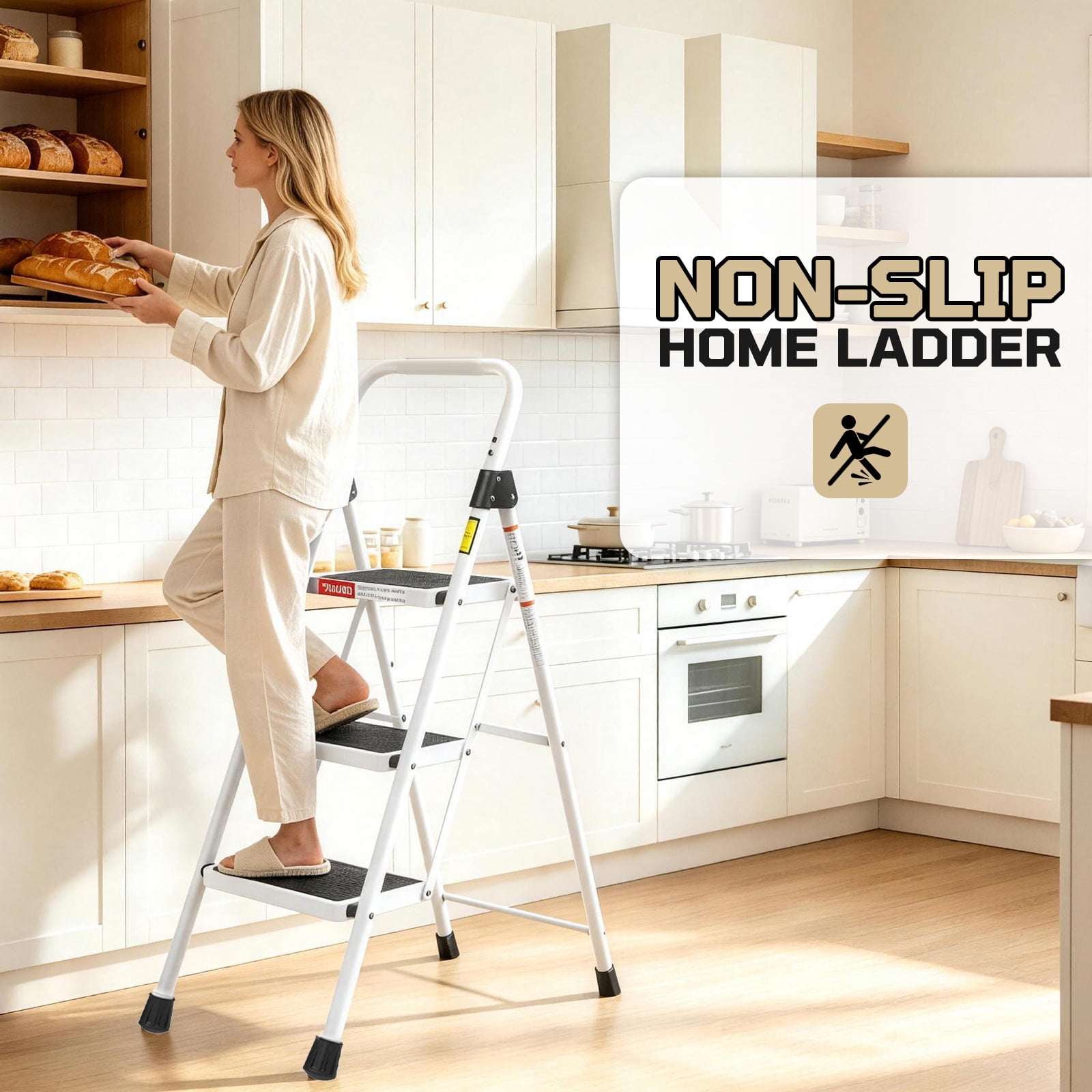 LevLad 3 Step Ladder, Folding Step Stool with Anti-Slip Pedal, Sturdy Steel Ladder, Convenient Handrail, Lightweight, Portable, White