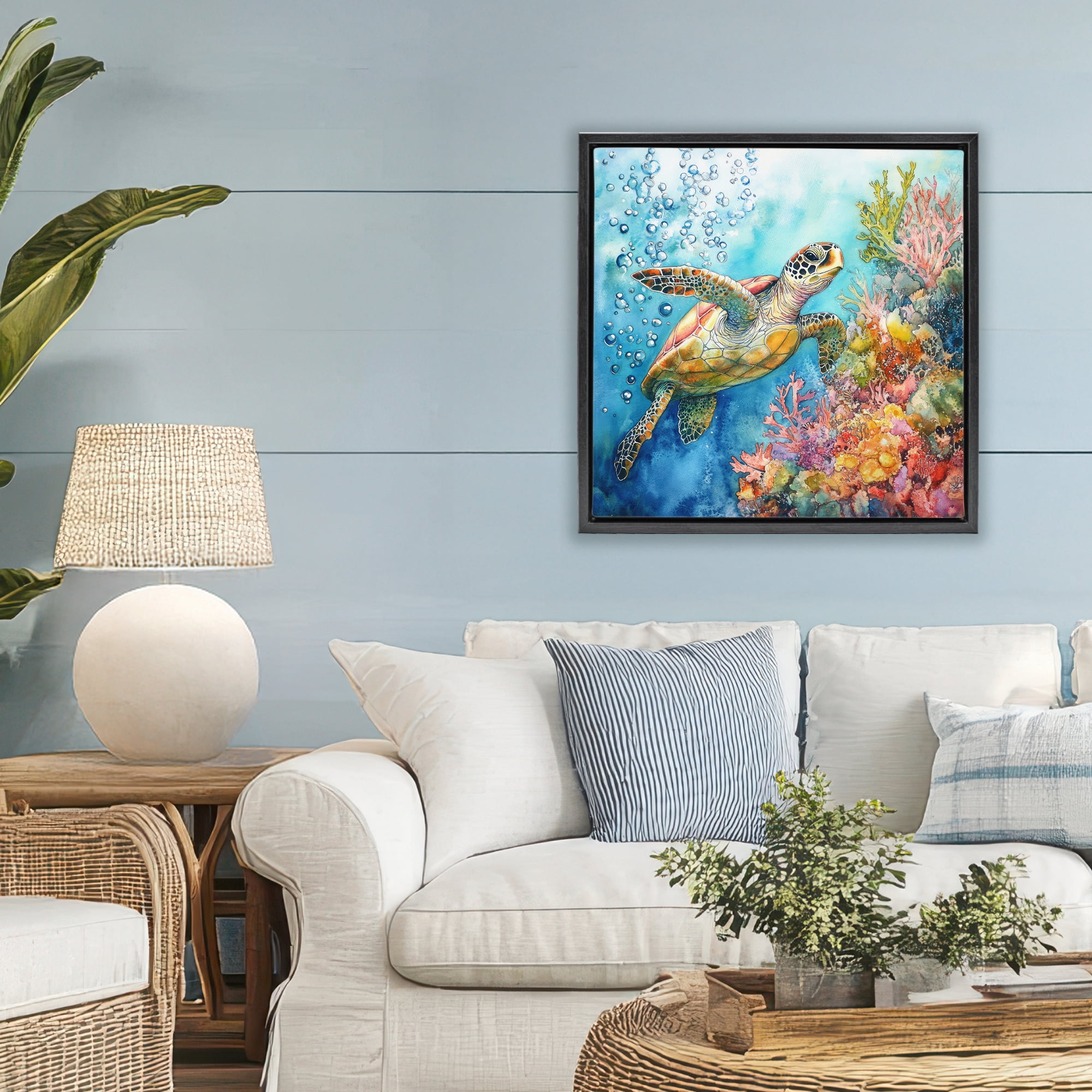 Stupell Industries Underwater Sea Turtle Bubbles Black Framed Floater Canvas Wall Art, design by Tina LeCour