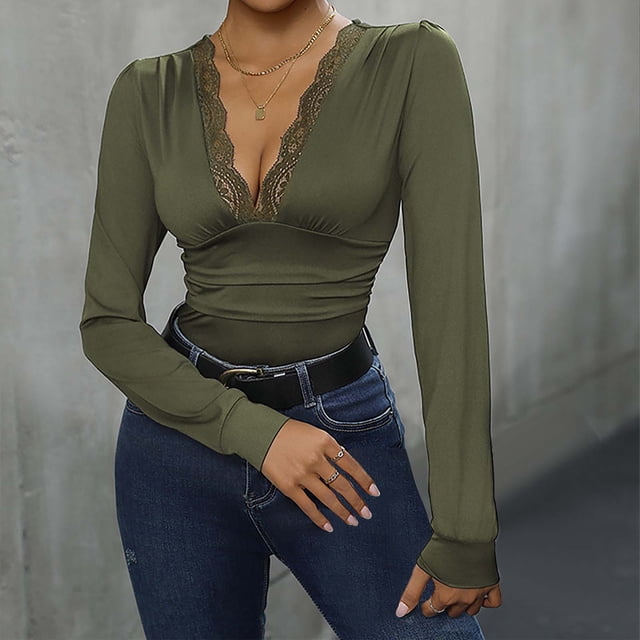 LOVZFMLL Mode Femme Décontractée - Combinaison Courte en Dentelle à Manches Longues et Col Rond Couleur Unie Vert Armée m