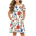 thumbnail image 2 of SGFCWSX Girls Cold Shoulder Dress Kids Floral Print Crewneck Casual A-Line Dress with Pockets for Spring Summer Red Size 11-12 Years, 2 of 8