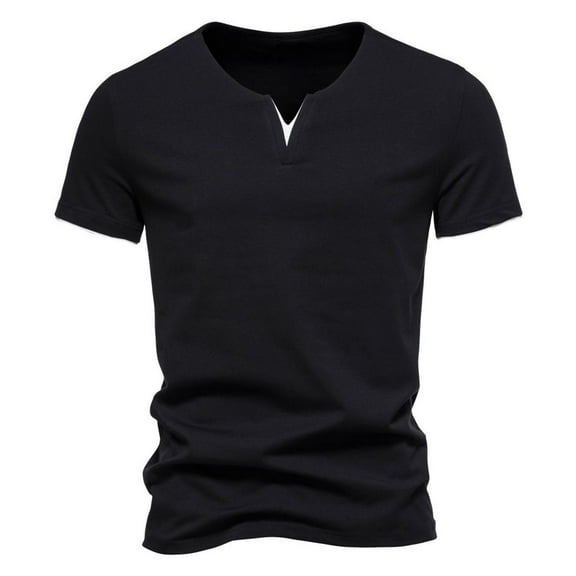 SWSMCLT Men's Comfy Shirt Fashion Blouse Cotton Pull On Casual Notch Neck Short Sleeve Tee Fall Spring Regular Fit Black Medium