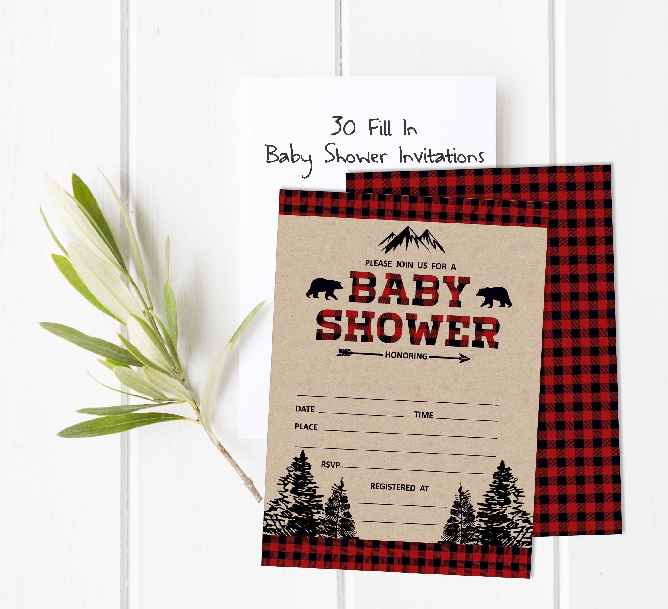 Inkdotpot 30 Kraft Fill In StyleBaby Shower Invitation Cards Gender Neutral Lumberjack Blank Invites
