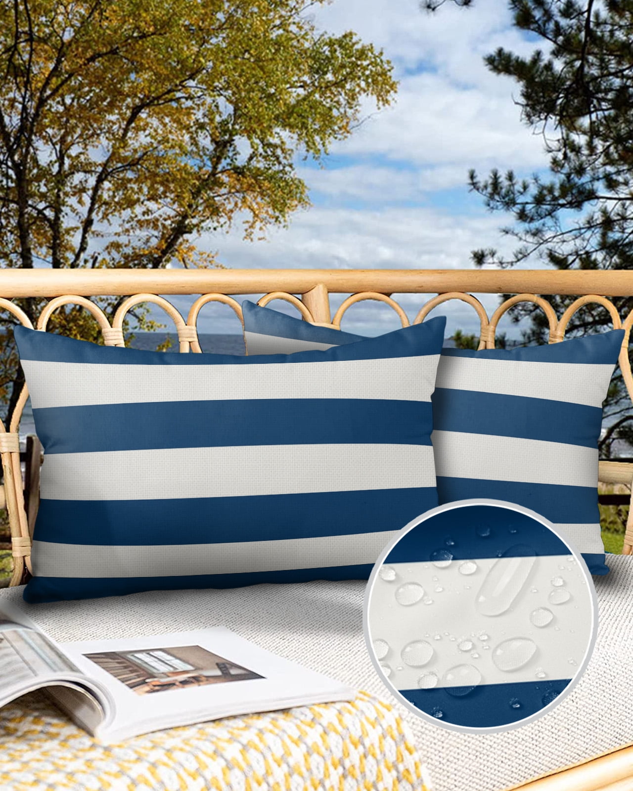 Pack of 2 Outdoor Pillow Covers, Classic Blue and White Stripe Pattern Waterproof Square Throw Pillowcase Cushion Decorative Pillow Covers for Couch Patio Tent, 20x12 in