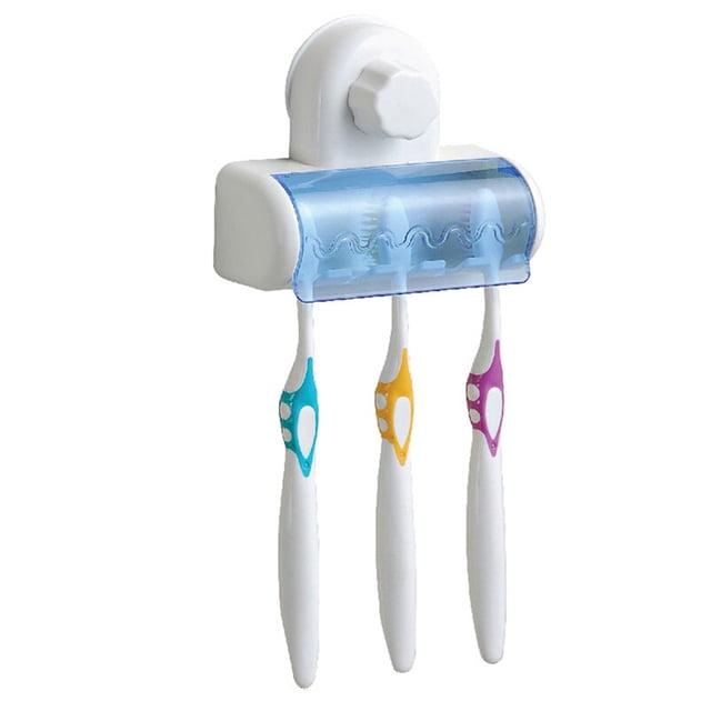 Porta cepillos de dientes sin perforación, diseño en colores azul y blanco, material ABS de grado alimenticio, resistente y fácil de instalar con ventosas, capacidad para 5 cepillos, ideal para baños