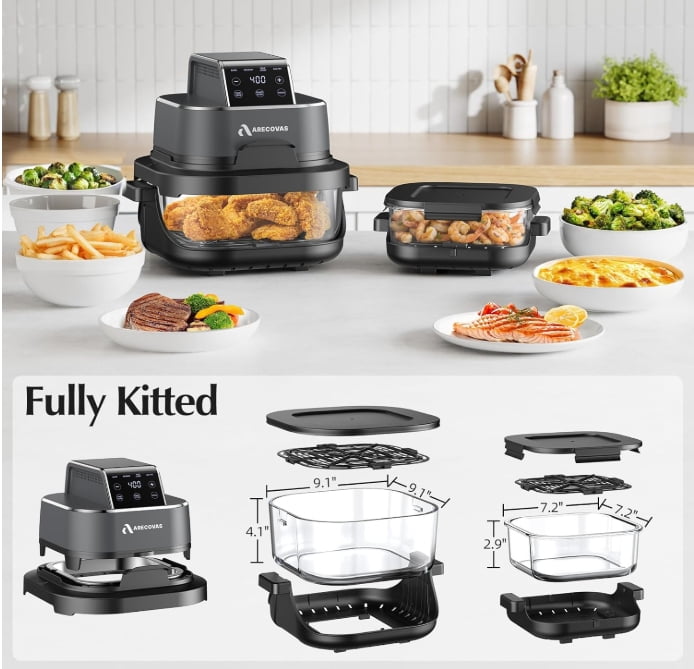 Arecovas 4-in-1 Portable Glass Air Fryer, 140–400°F Precise Heat, Max Crisp Technology, 4.2QT & 1.6QT Dual Capacity, Freezer & Dishwasher Safe, Bake, Recrisp, Air Fry