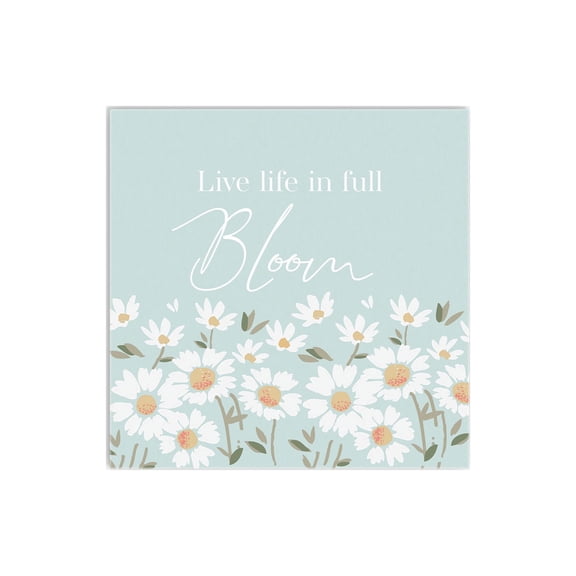 Live Full Bloom White Floral Soft Blue 12 x 12 Wood Wall Sign Plaque