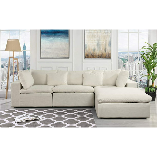 Classic Large Linen Fabric Sectional, White Cloth Sectional Sofa