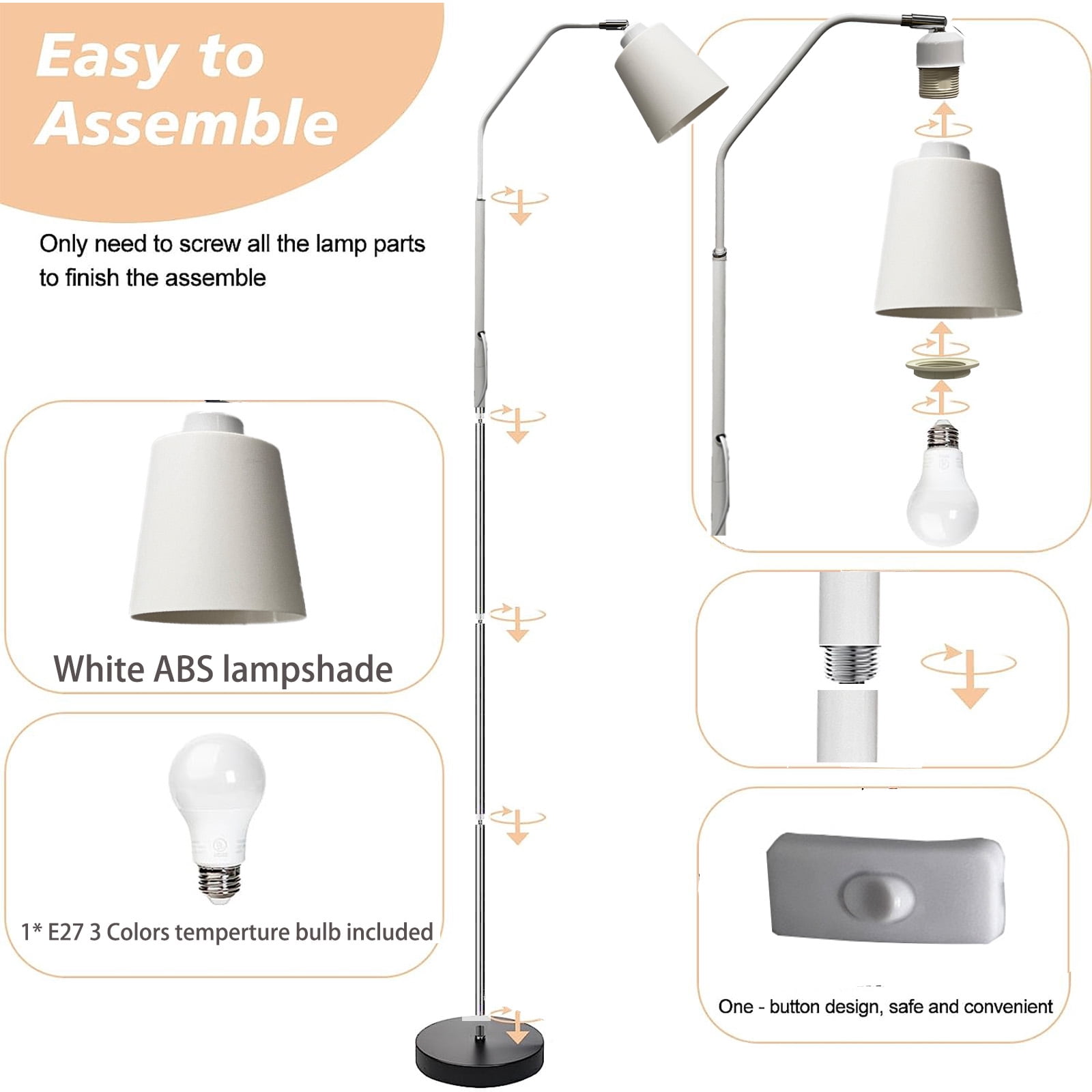 SUSUZI 60 inch White Floor Lamp for Bedroom Living Room, Modern Dimmable Standing Lamps - Bulb Included