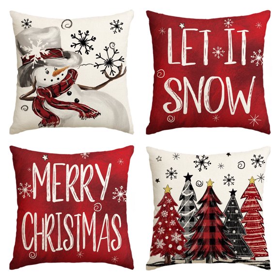 Sm:)e Snowman Let It Snow Winter Christmas Pillow Covers 18 x 18 Inch, Set of 4, Xmas Holiday Decorative Outdoor Pillow Case Red Cushion Sofa Couch