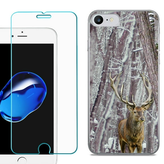 For Apple iPhone 7 / iPhone 8 Case, Slim-Fit TPU Phone Case, with Tempered Glass Screen Protector, by OneToughShield ® - Deer/Snow/Camo