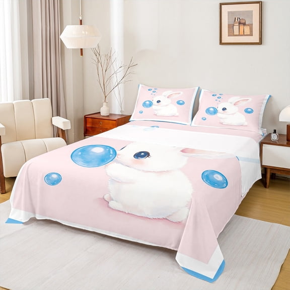 Homewish Cartoon Rabbit Twin Sheet Sets 3pcs for Preppy Children,Kawaii Animal Twin Fitted Sheet Microfiber,Pink Blue White Breathable Flat Sheet,Breathable Home Decor
