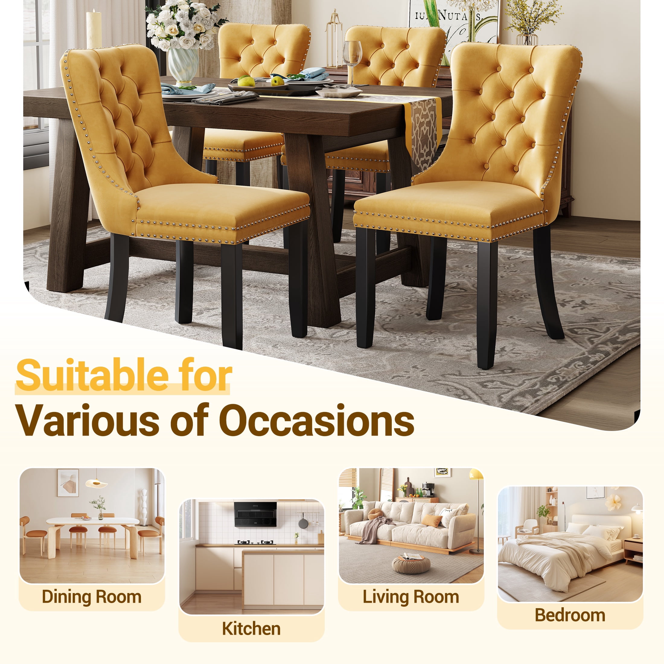 Paproos Dining Chairs Set of 2, Upholstered High-End Tufted Dining Room Chair with Back Ring and Nailhead Trim, Modern Velvet Kitchen Chairs with Solid Wood Legs for Kitchen, Home,Gold