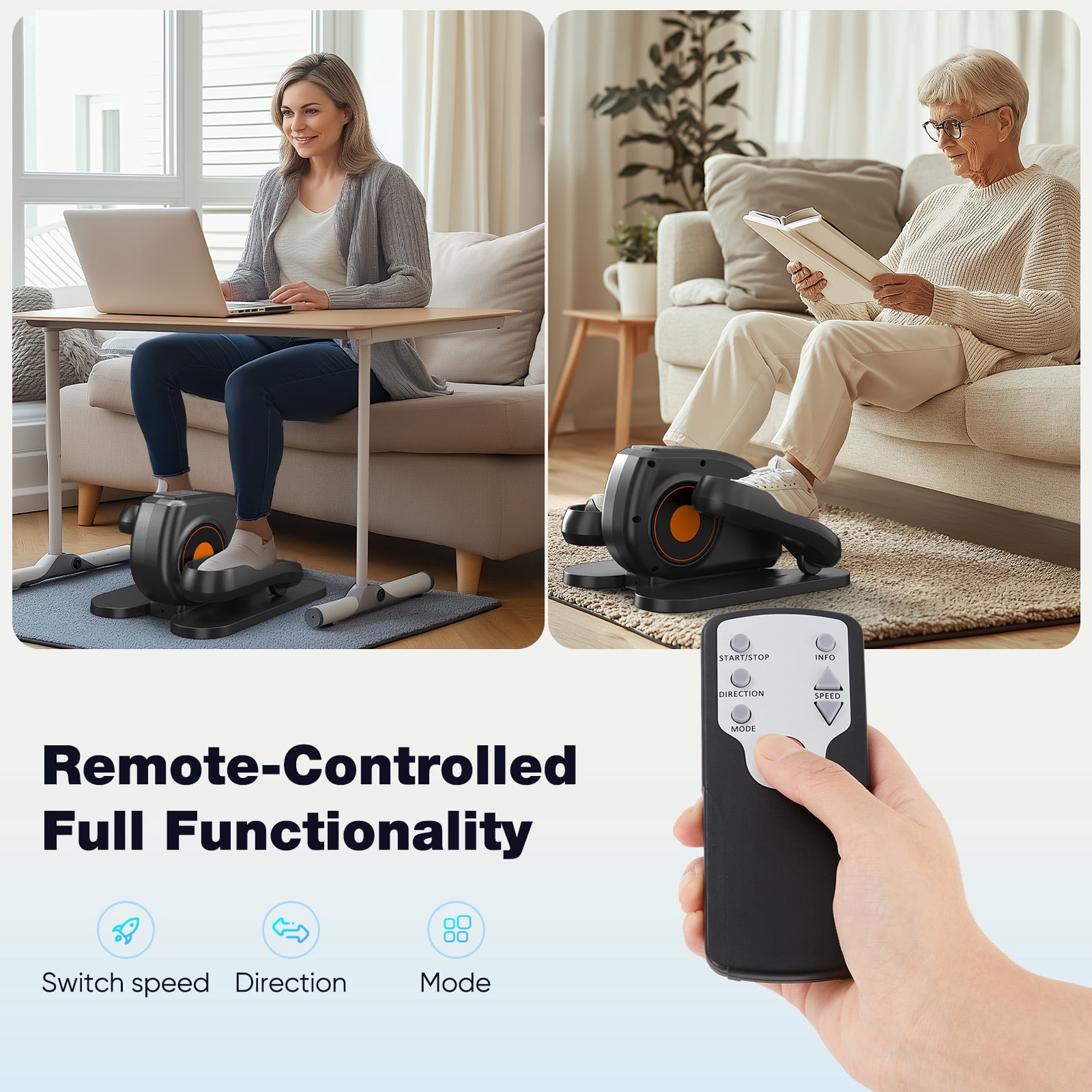 JIOABL Desktop Elliptical Machine - Portable Seated Step Exerciser with 12 Speeds, Remote Control & LCD Display | Quiet Compact Design for Home/Office, Black