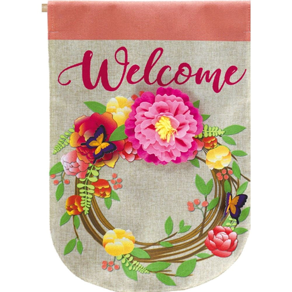 Evergreen Burlap House Flag - Floral Wreath, High Quality, Durable
