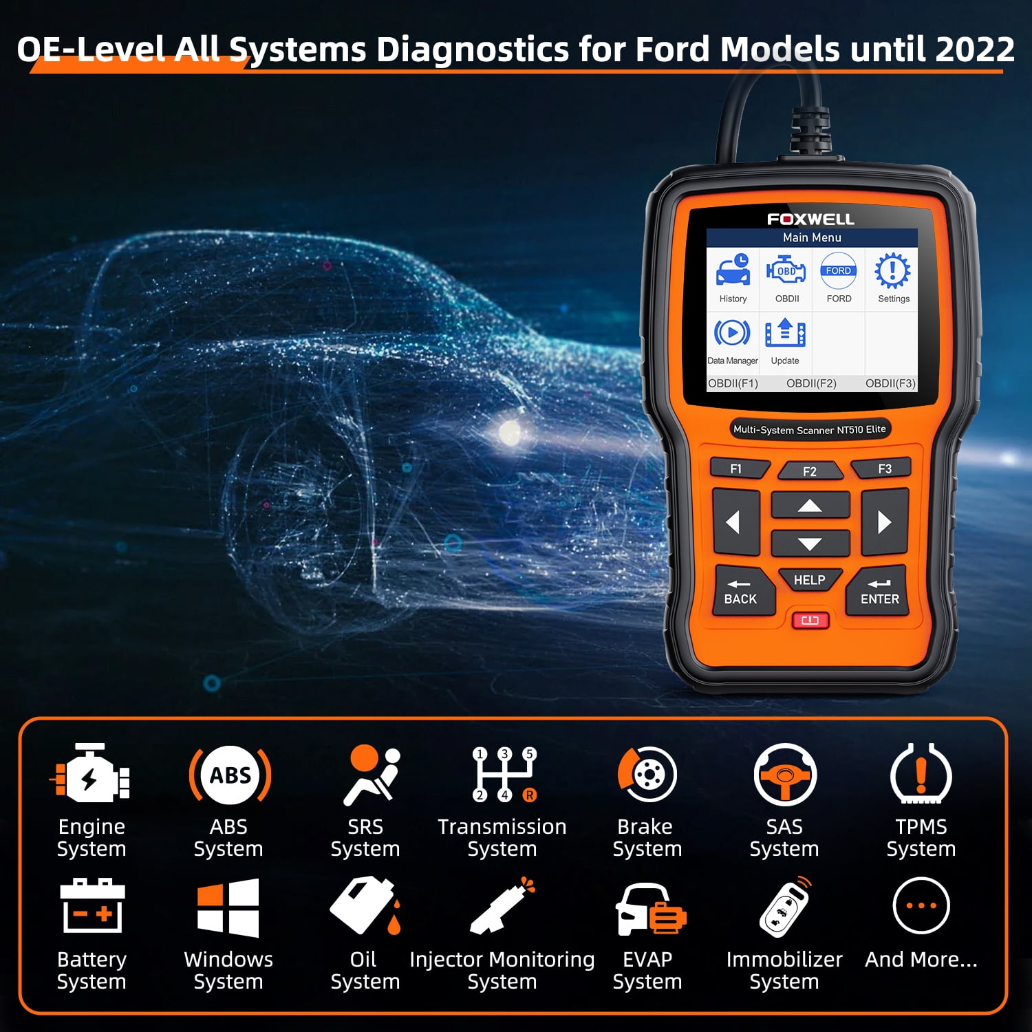 Foxwell NT510 Elite Automotive Bi-directional Diagnostic Scan Tool OBD2 Scanner Fits for Ford Lincoln Mercury Vehicles All System Scanner with ABS SAS EPB Oil Reset Service OBDII OBD Car Code Reader