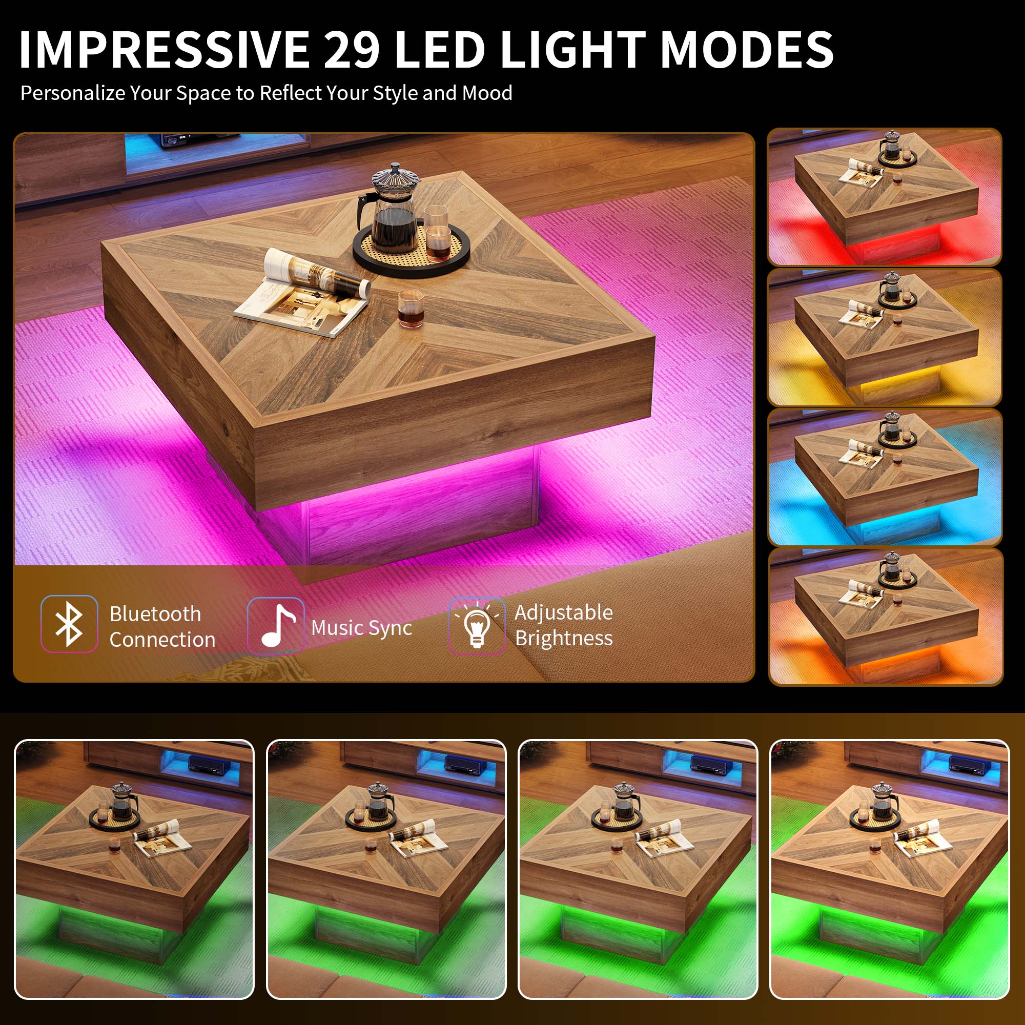 Uforic Square Center Table with Drawers, Coffee Table with LED Lights for Living Room, Brown