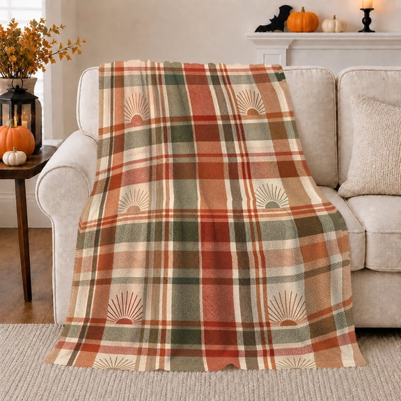 Retro-Boho Plaid Pumpkin, Peaceful Artistic Scene, Warm Flannel Blanket for Ranch House and Living Room with Detailed Artwork, Animal Lovers Thanksgiving Gift, Artistic Home Decor