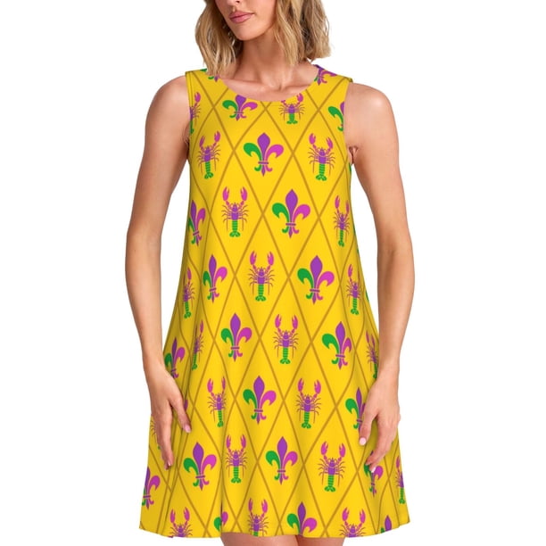 Easygdp Mardi Gras Crayfish and Fleur de lis para Vestido Transpirable de Mujer, Vestido Suelto de Manga Corta con Pliegues y Bolsillos para el Verano