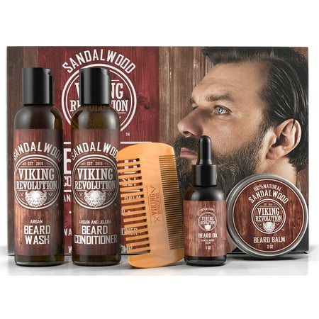 Viking Revolution - Beard Care Kit with Beard Wash & Conditioner  Oil  Balm and Comb - Gift for Men - Sandalwood